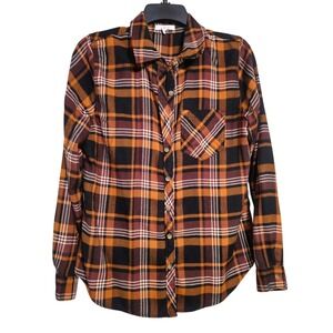 Maurices Plaid Flannel Button Up Shirt Orange Black Red White Size S EUC
